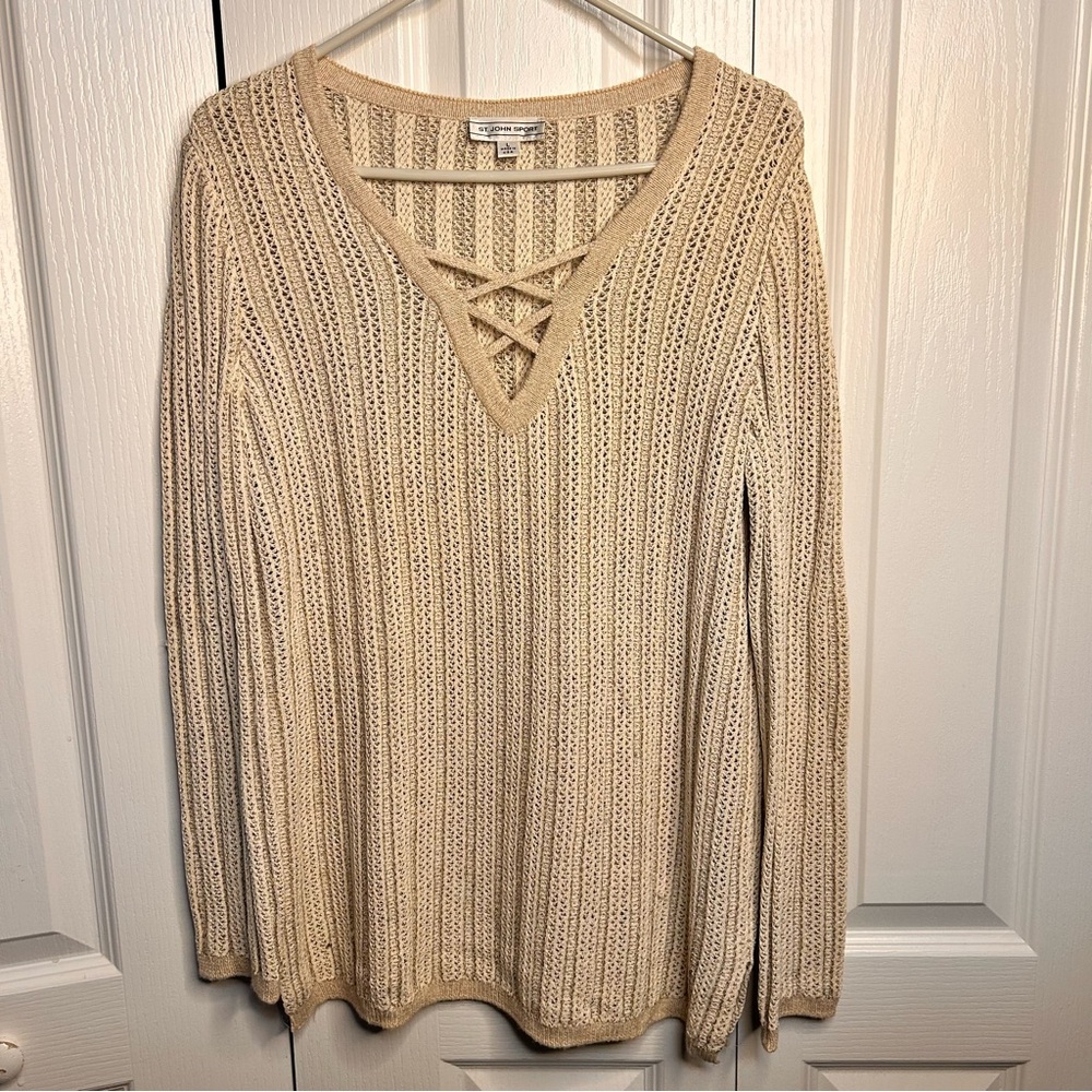 St John Sport Women’s Oatmeal Knit Stripe V-Neck Pullover Sweater L Made in USA